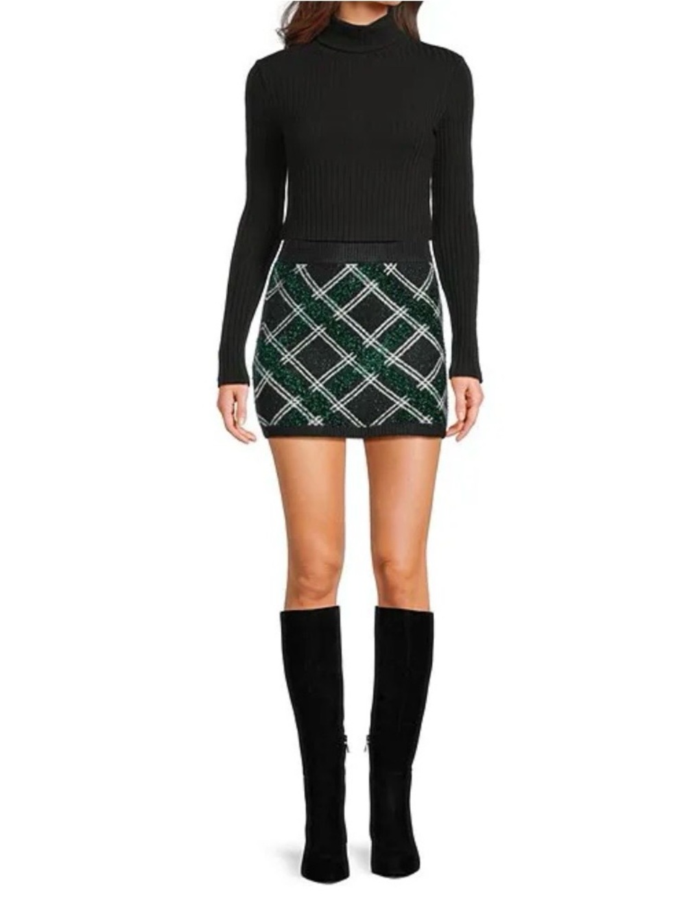 Copper Key Black and Green Plaid Knit Mini Skirt, size Large NWT sparkly Holiday